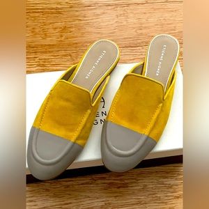 Etienne Aigner warm yellow suede and grey leather mule flat